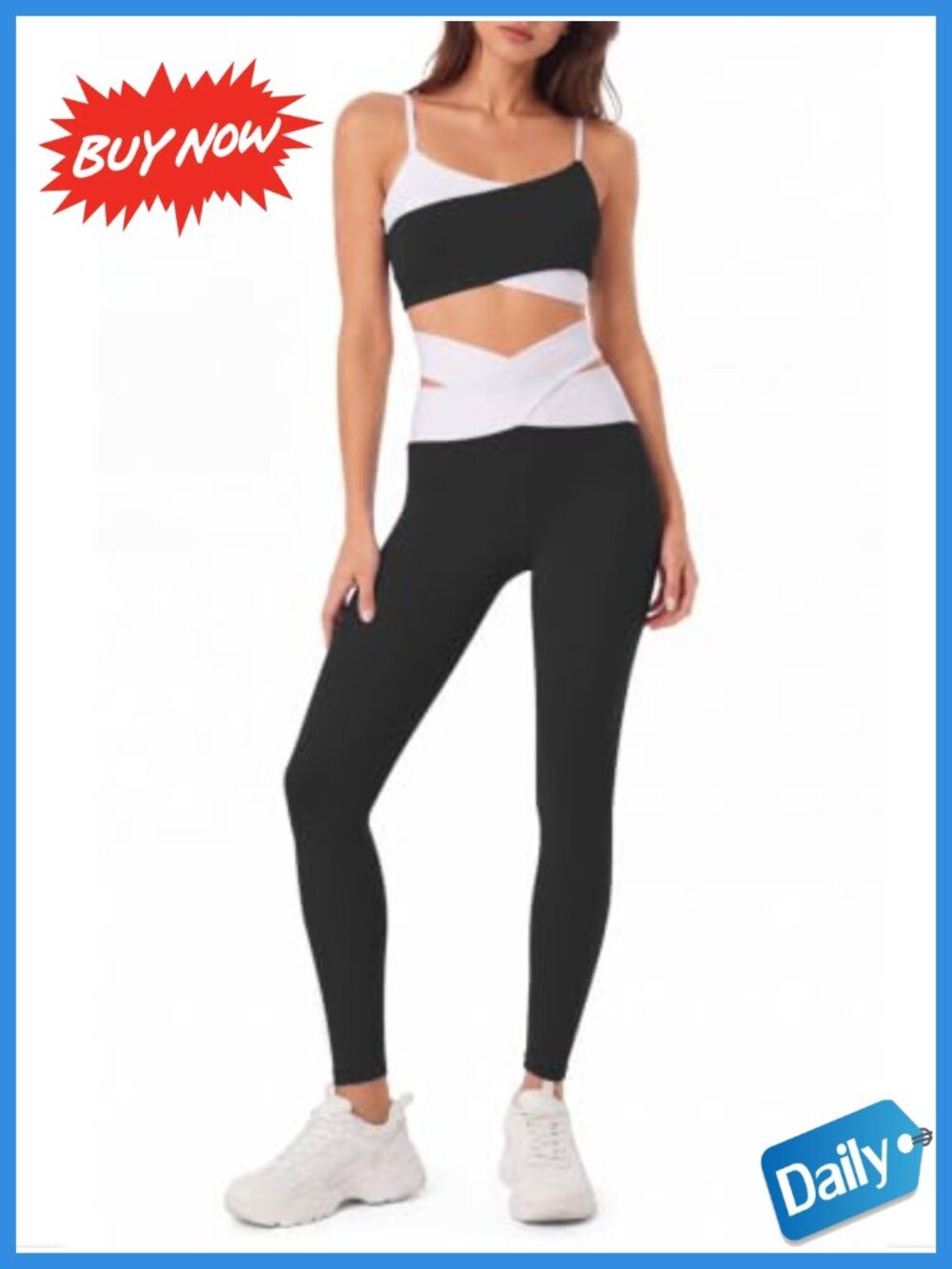 Crossover Strap High Waisted Leggings Workout Set Padded Sports Bra 2 Piece